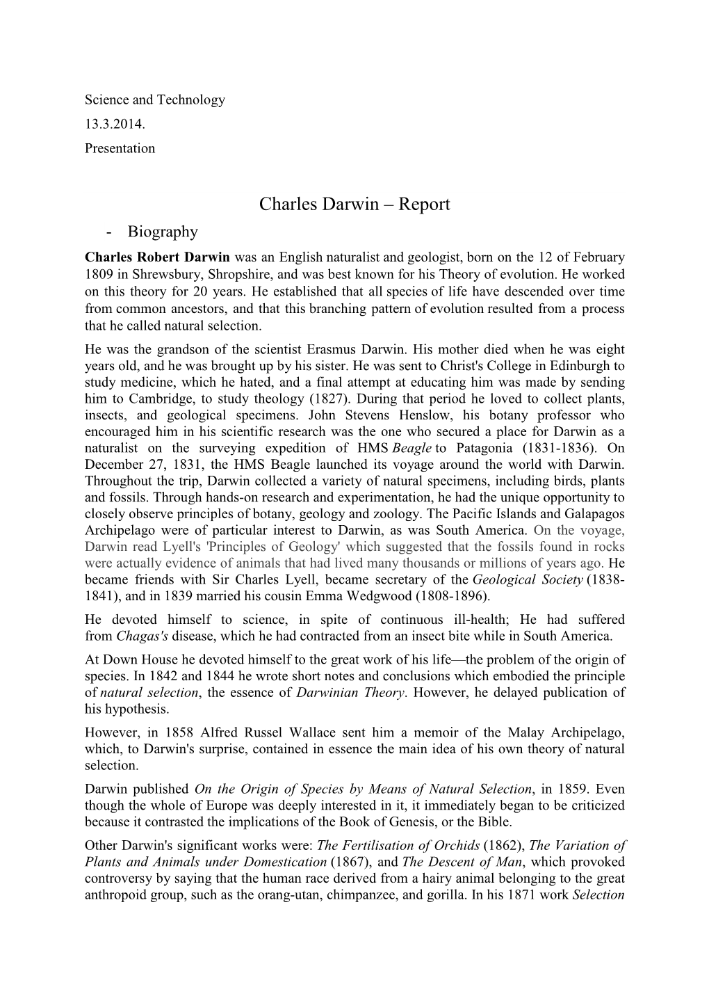 Charles Darwin – Report