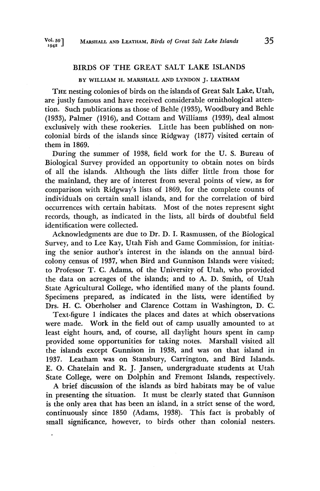 Vol. 59'] MARSHALL and LEATHAM, Birds O[ Great Salt Lake Islands 35