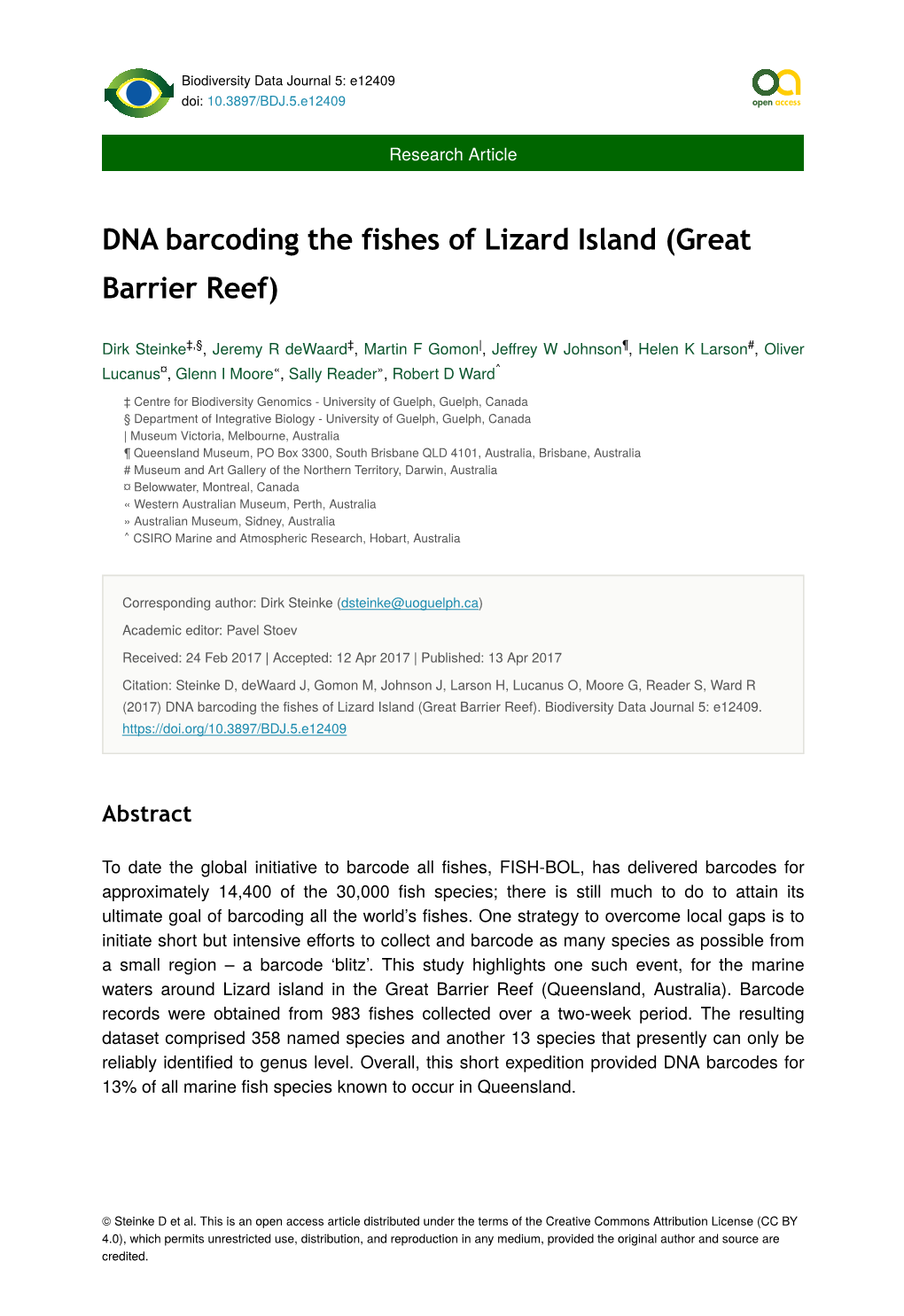 DNA Barcoding the Fishes of Lizard Island (Great Barrier Reef)