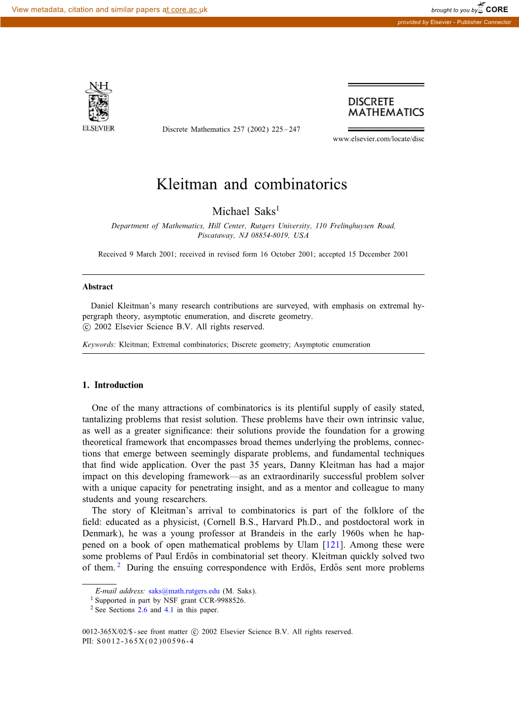 Kleitman and Combinatorics