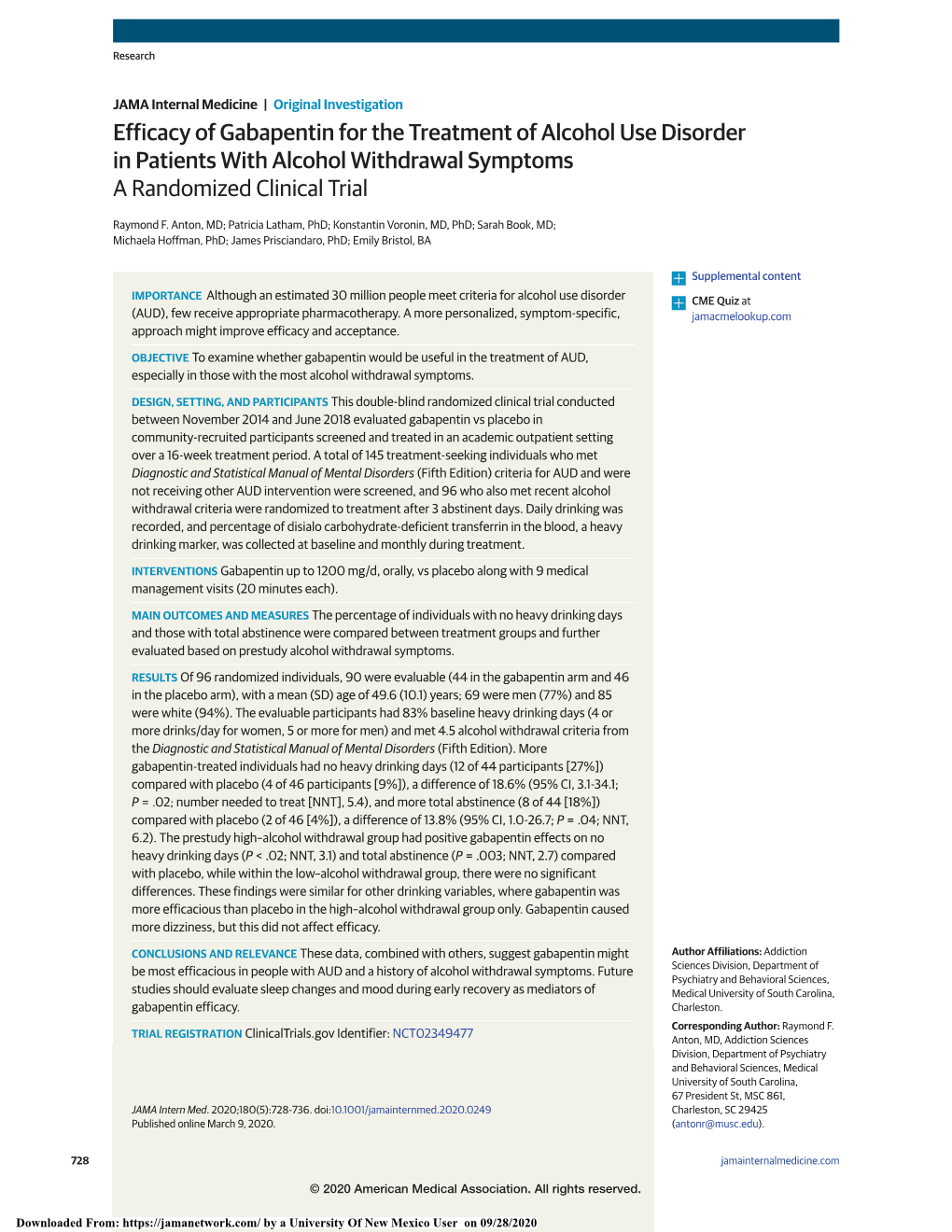 Efficacy of Gabapentin for the Treatment of Alcohol Use Disorder in Patients with Alcohol Withdrawal Symptoms a Randomized Clinical Trial