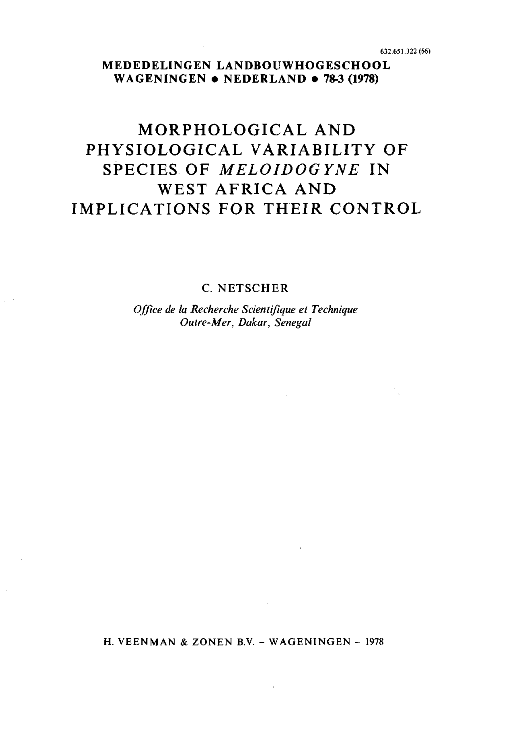 Morphological and Physiological Variability of Species of Meloidogyne in West Africa and Implications for Their Control