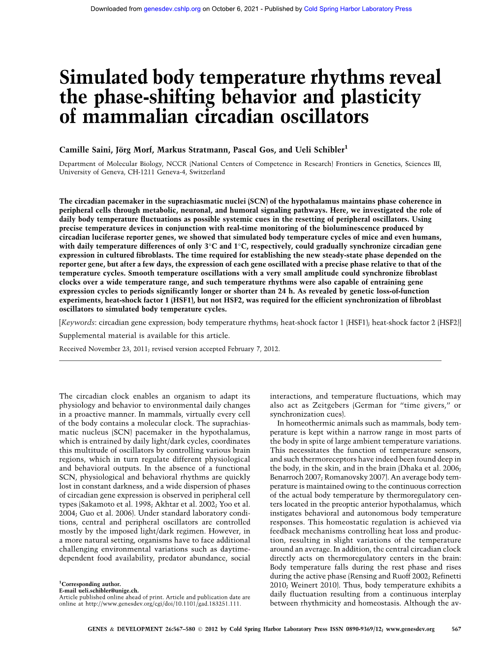 Simulated Body Temperature Rhythms Reveal the Phase-Shifting Behavior and Plasticity of Mammalian Circadian Oscillators