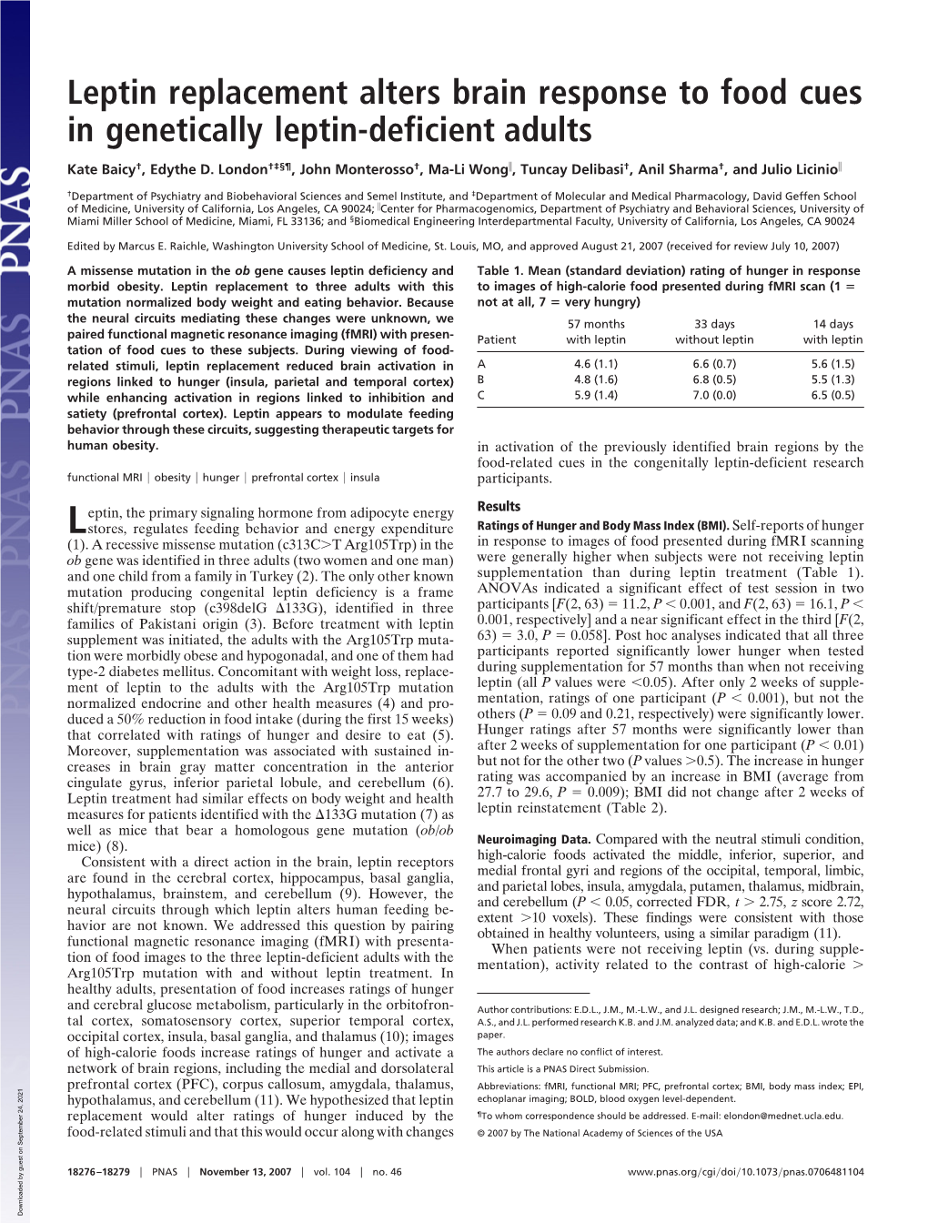 Leptin Replacement Alters Brain Response to Food Cues in Genetically Leptin-Deficient Adults