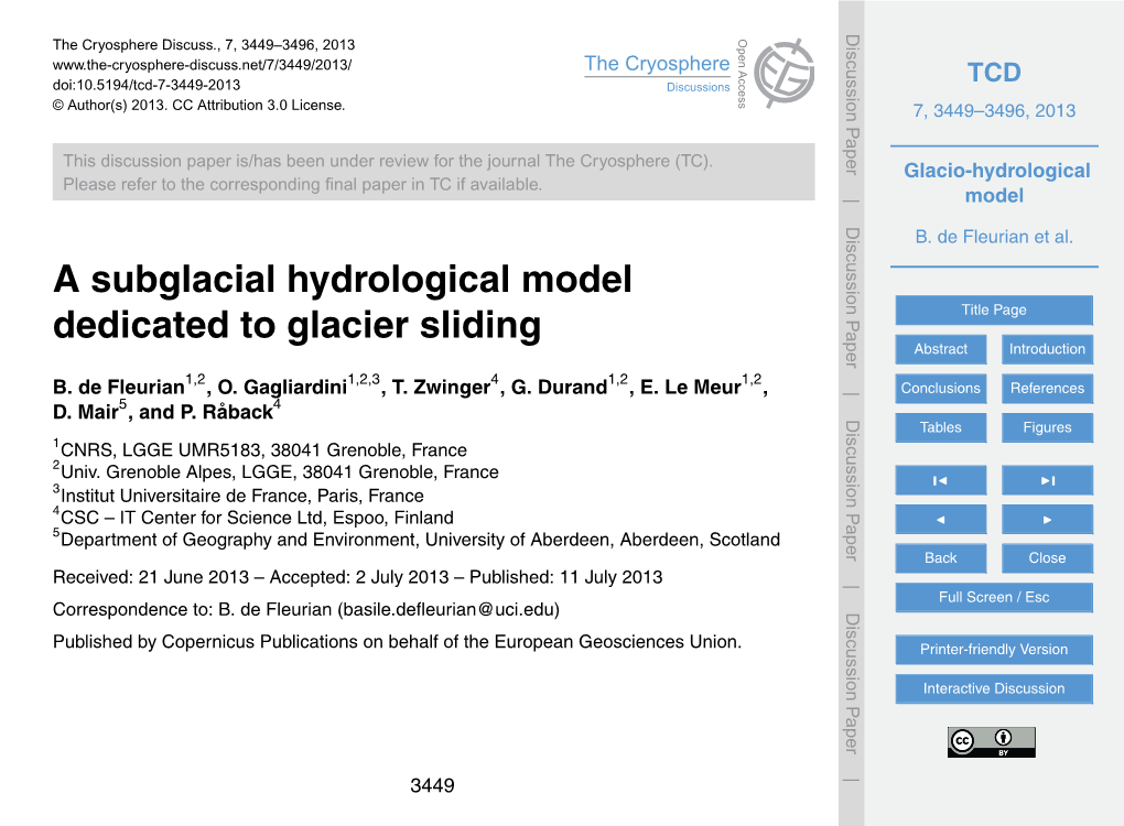 Glacio-Hydrological Model This Is Repeated Until the Relative Change of Hi Falls Below a Given Threshold