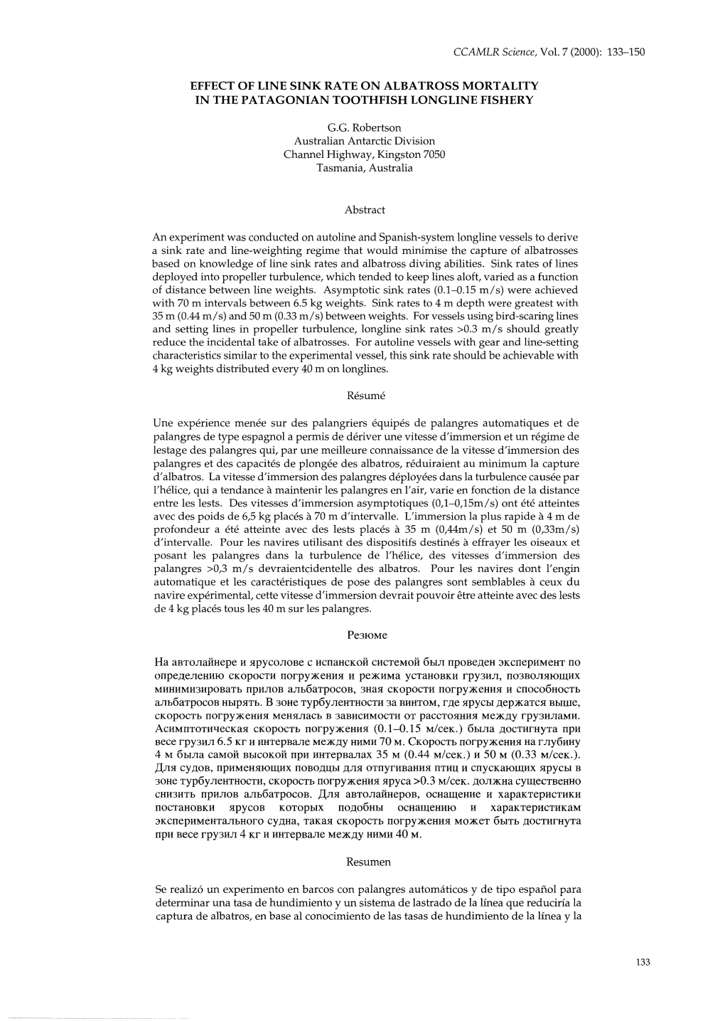 Effect of Line Sink Rate on Albatross Mortality in the Patagonian Toothfish Longline Fishery