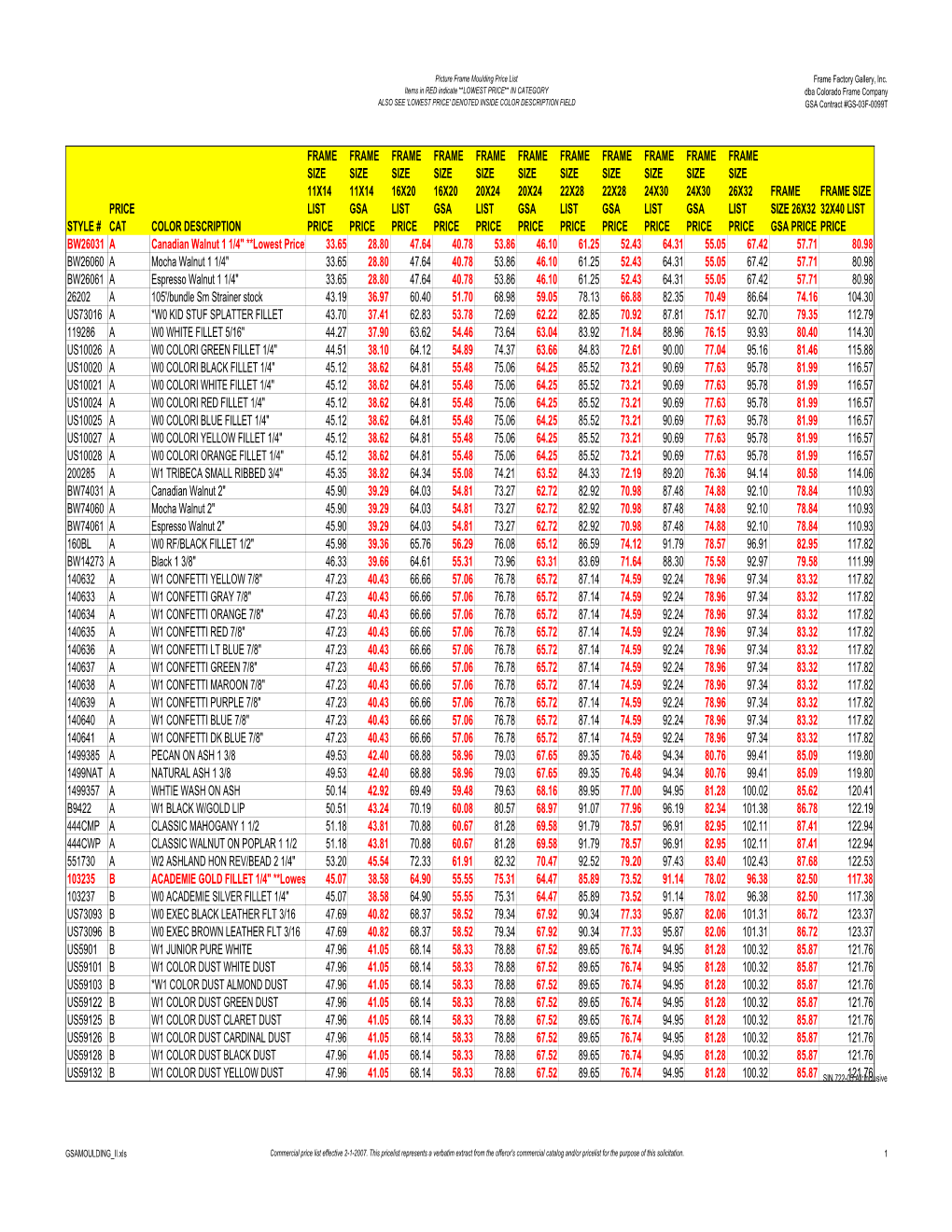 Frame Style Pricing File in .Pdf Form