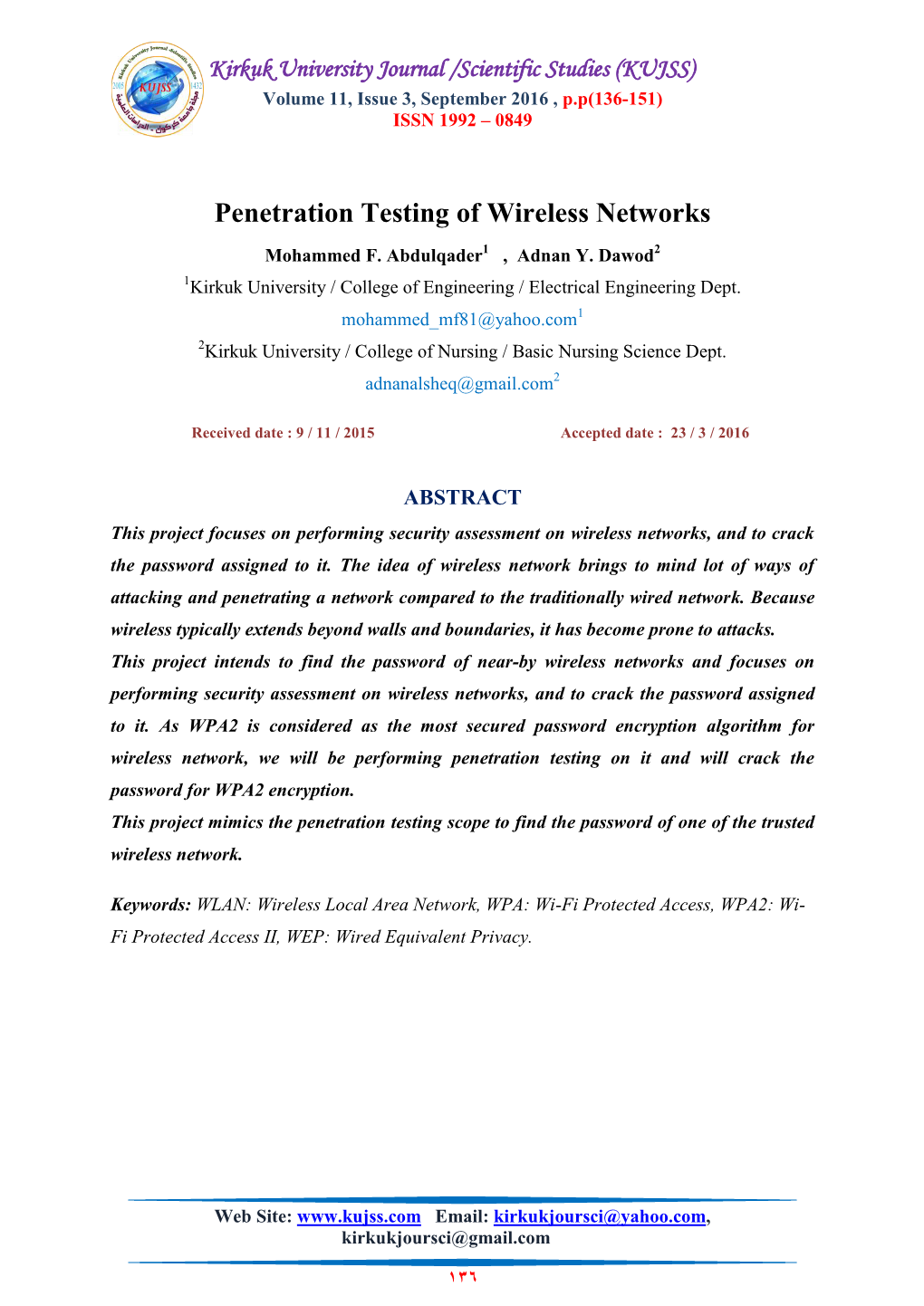 Penetration Testing of Wireless Networks