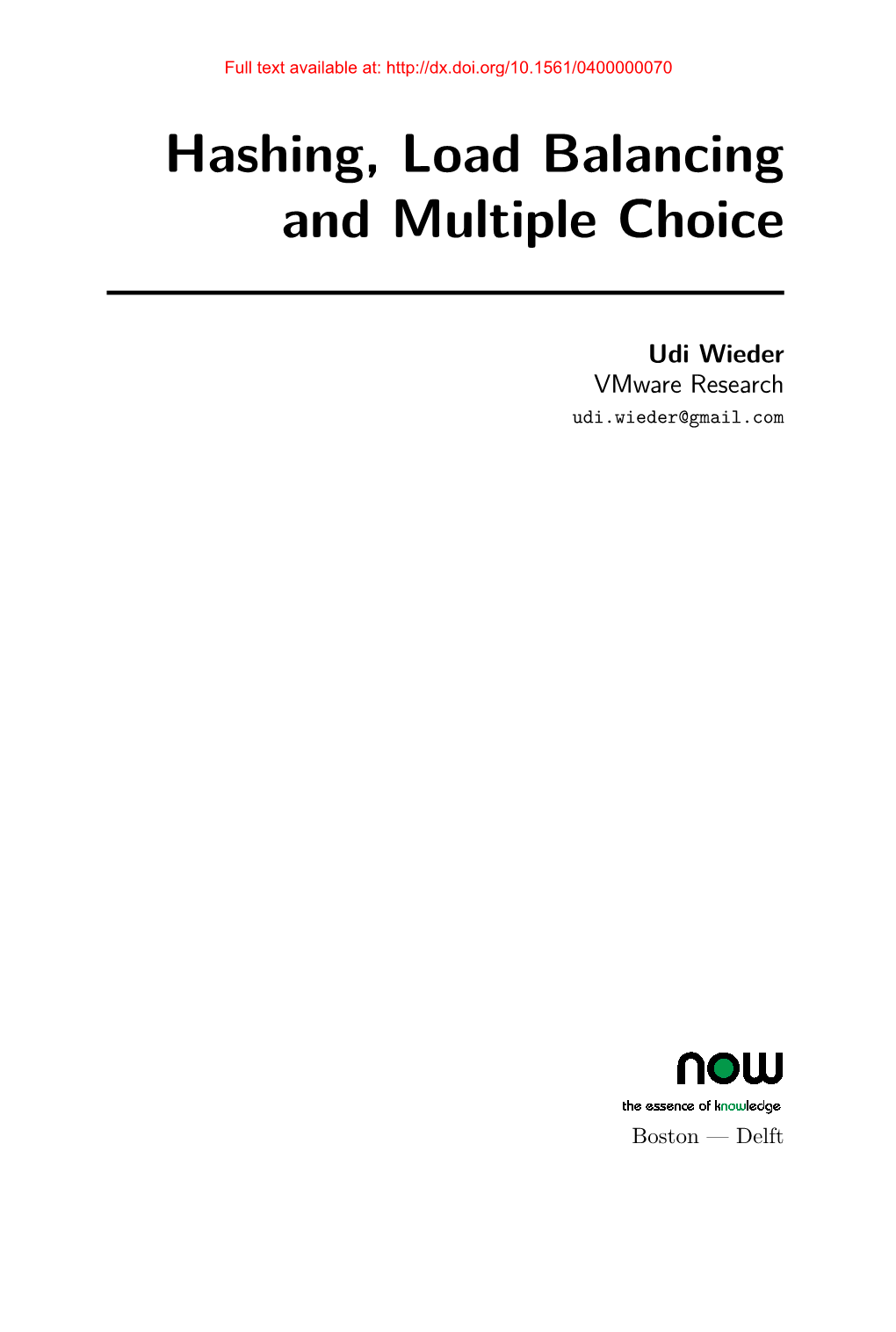 Hashing, Load Balancing and Multiple Choice