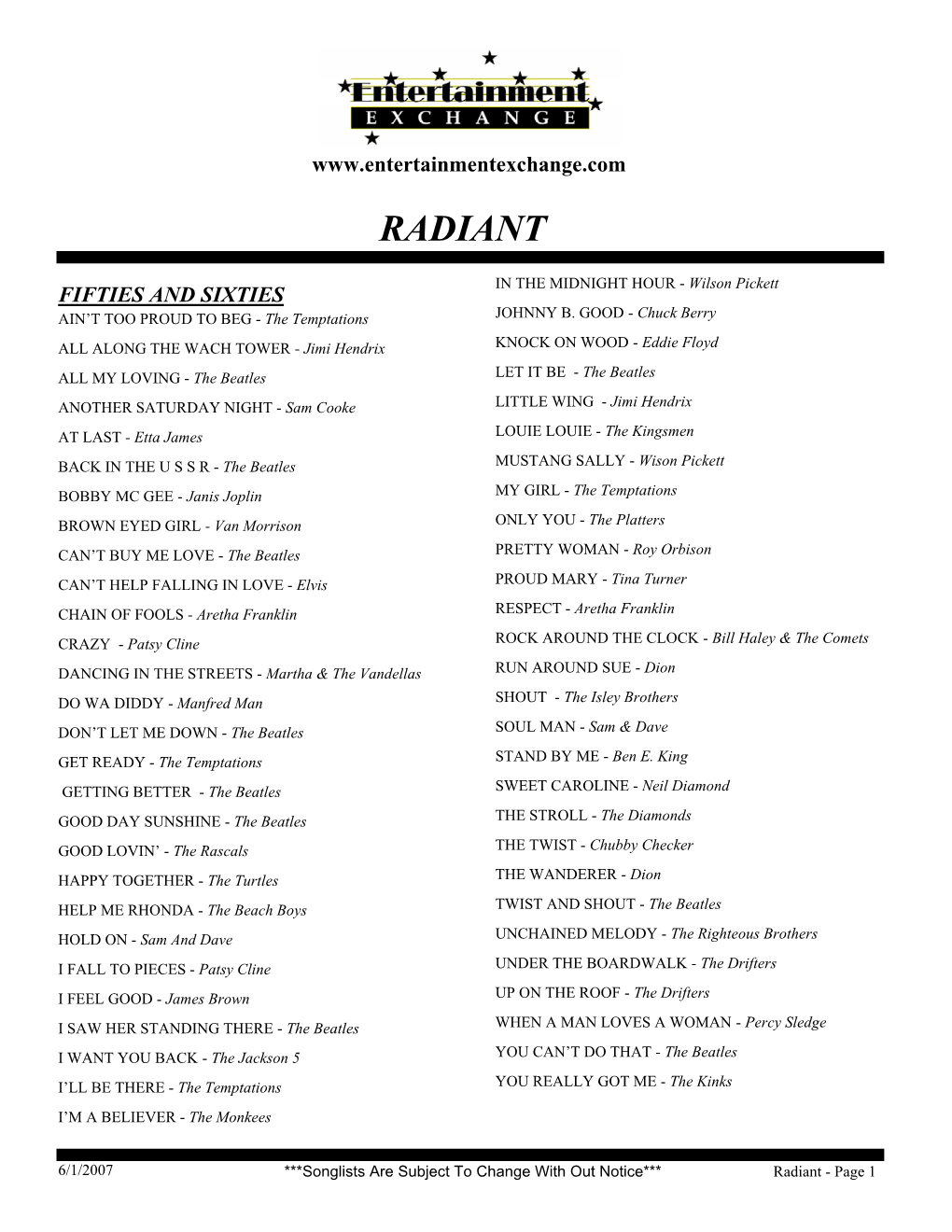 Radiant Songlist