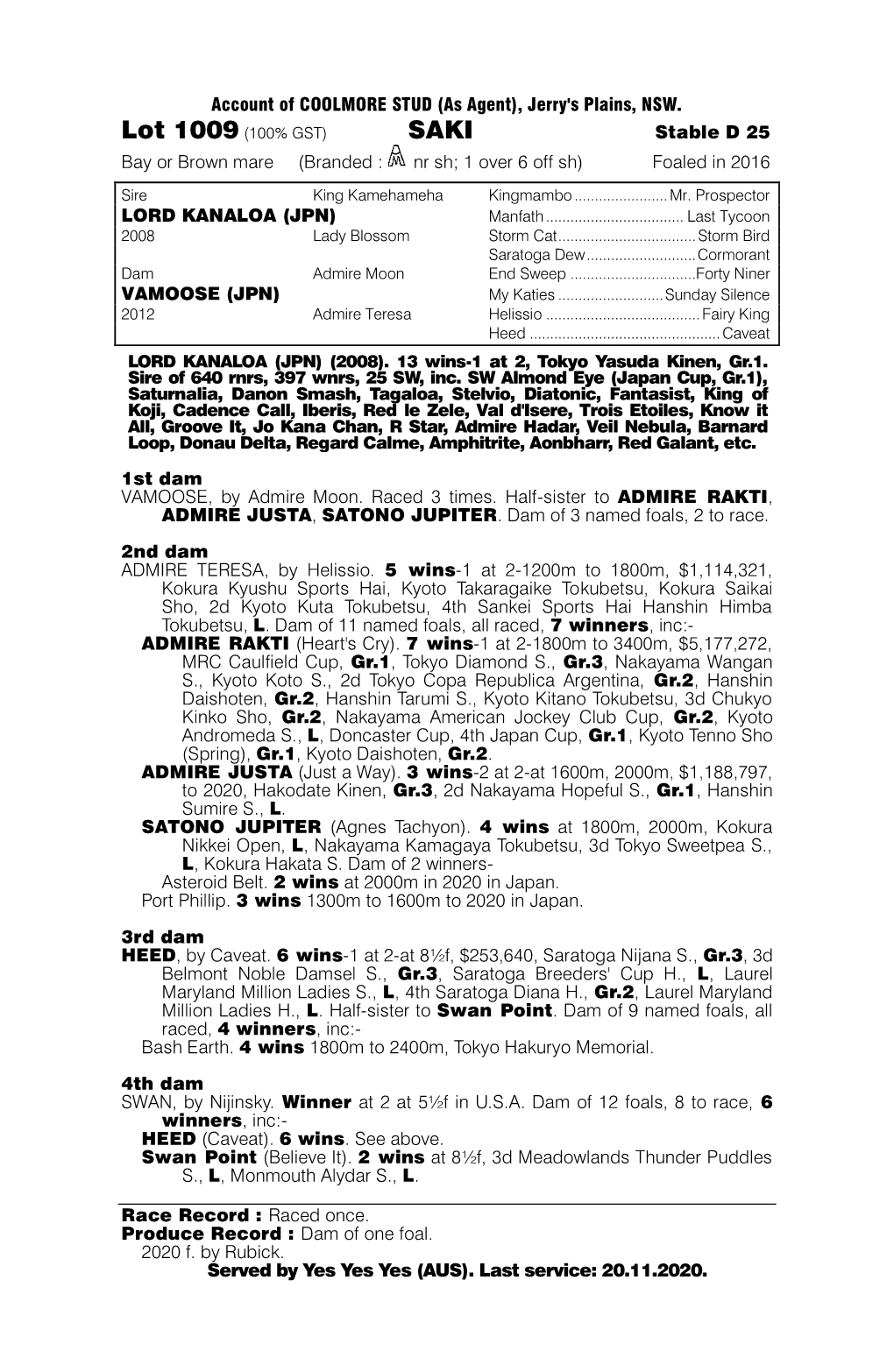 Account of COOLMORE STUD (As Agent), Jerry's Plains, NSW