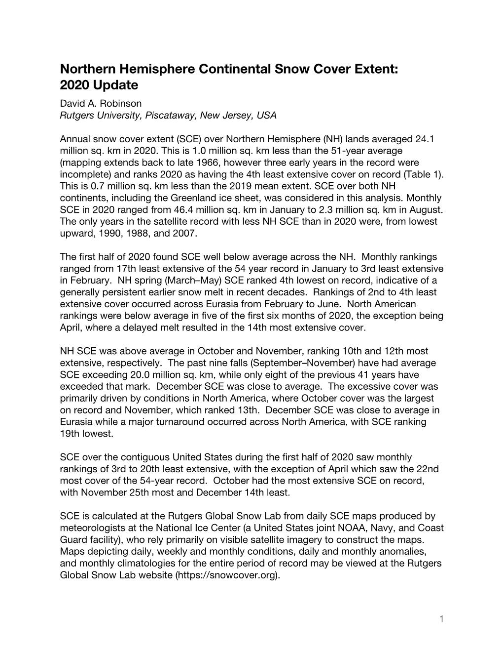 Northern Hemisphere Continental Snow Cover Extent: 2020 Update David A