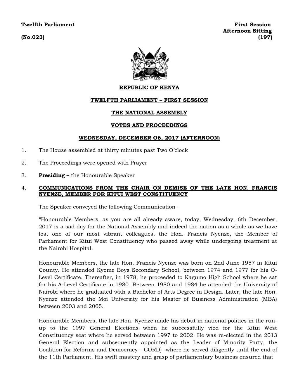 Twelfth Parliament First Session Afternoon Sitting (No.023) (197)