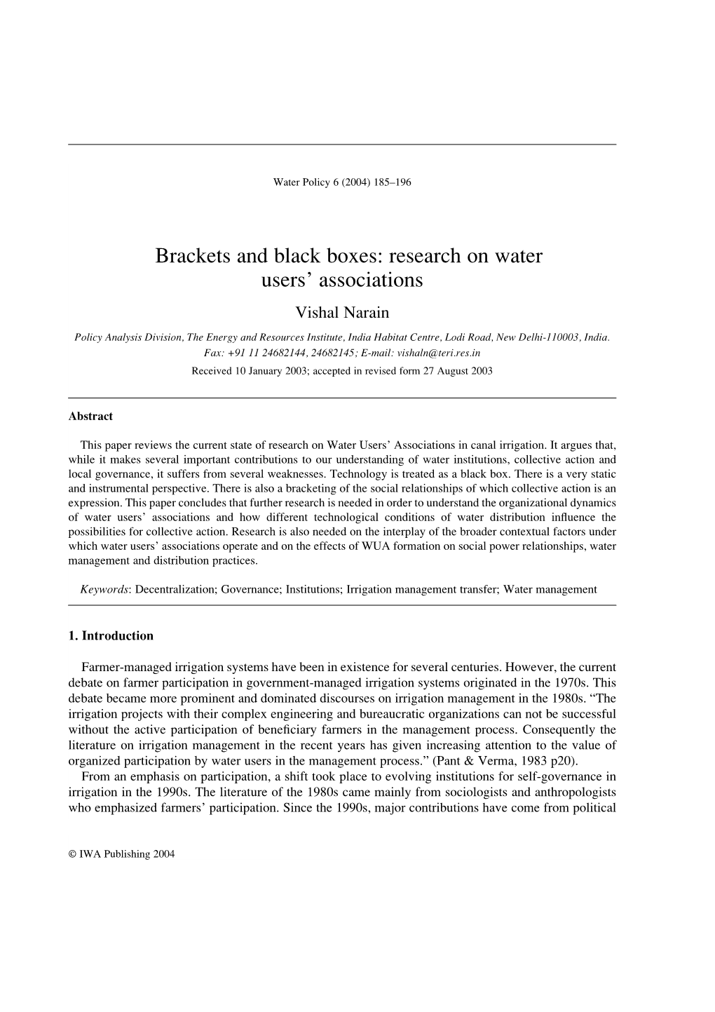 Brackets and Black Boxes: Research on Water Users' Associations