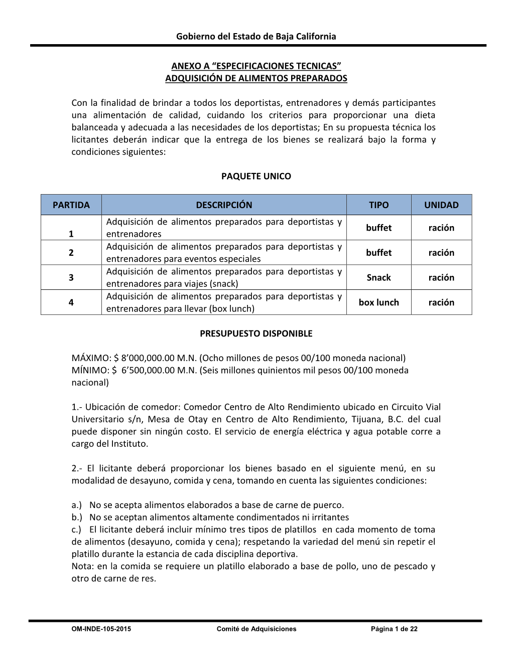 Especificaciones Tecnicas” Adquisición De Alimentos Preparados