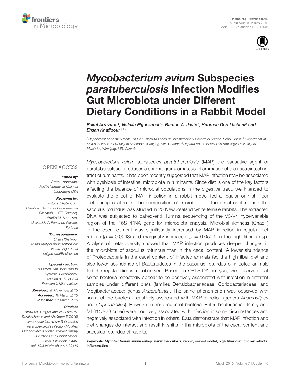 Mycobacterium Avium Subspecies Paratuberculosis Infection Modifies Gut Microbiota Under Different Dietary Conditions in a Rabbit