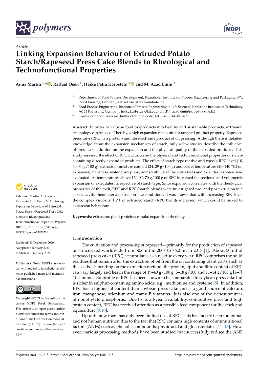 Linking Expansion Behaviour of Extruded Potato Starch/Rapeseed Press Cake Blends to Rheological and Technofunctional Properties