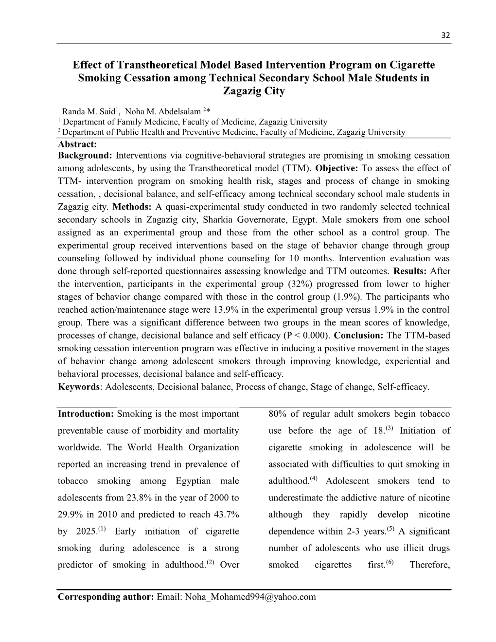 Effect of Transtheoretical Model Based Intervention Program on Cigarette Smoking Cessation Among Technical Secondary School Male Students in Zagazig City