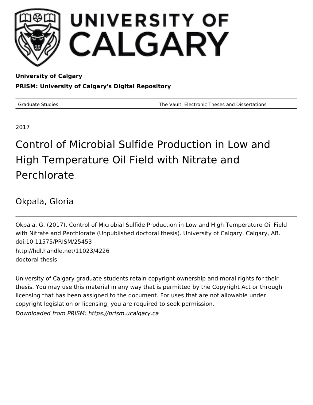 Control of Microbial Sulfide Production in Low and High Temperature Oil Field with Nitrate and Perchlorate