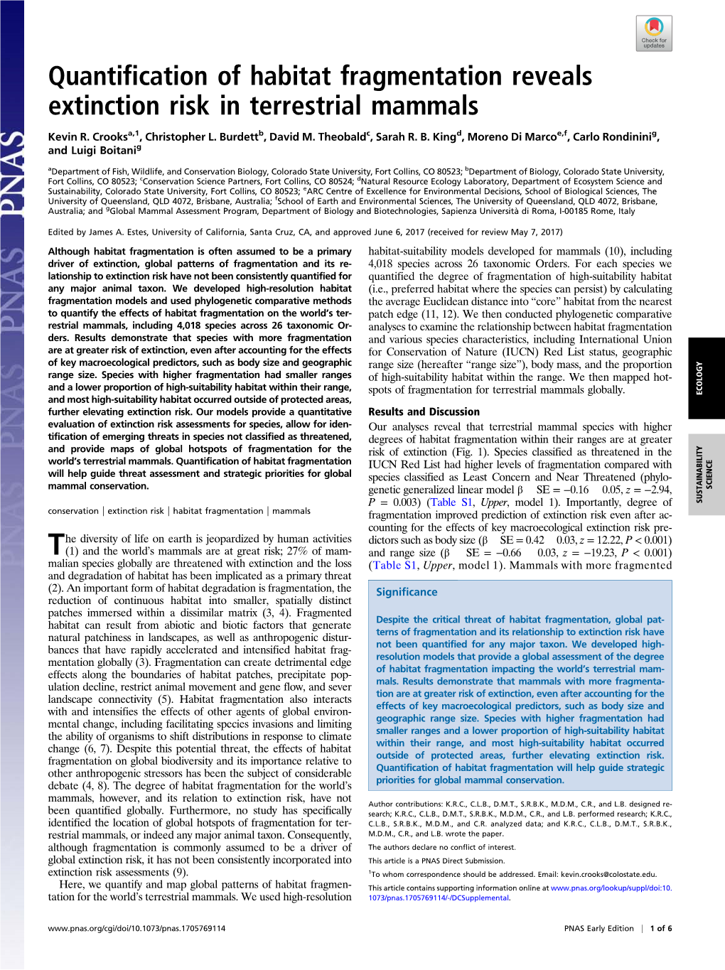 Quantification of Habitat Fragmentation Reveals Extinction Risk in Terrestrial Mammals