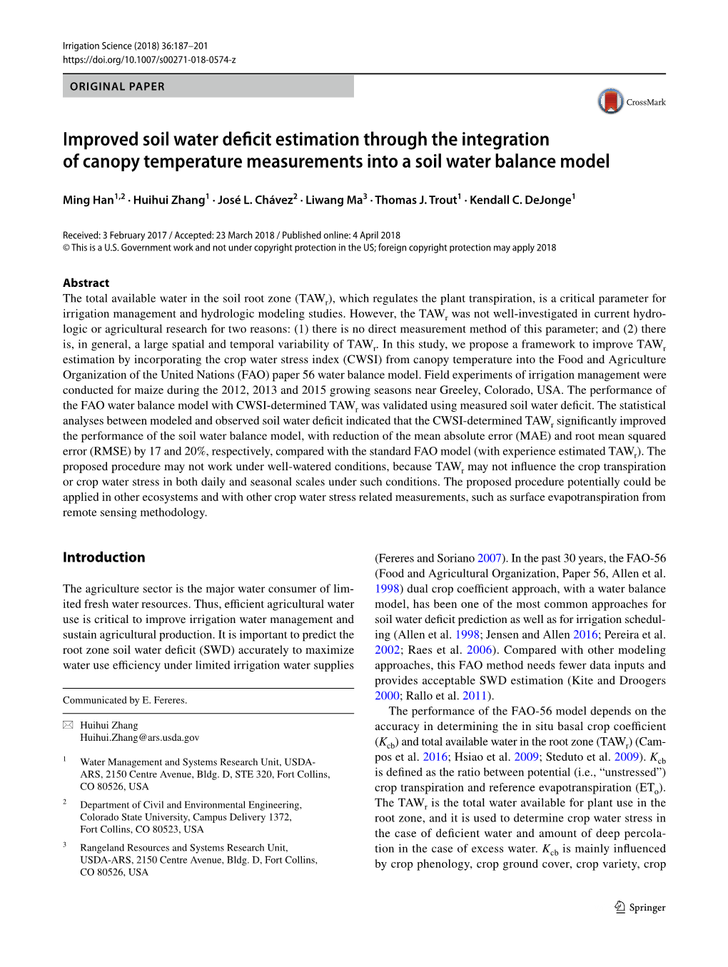 Improved Soil Water Deficit Estimation Through the Integration of Crop