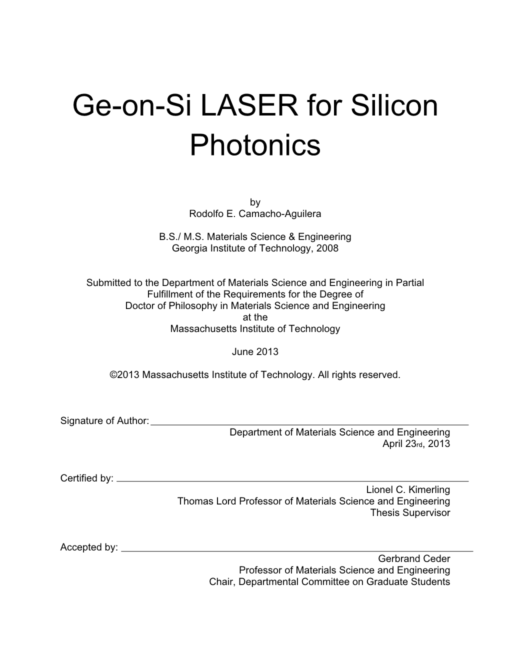 Ge-On-Si LASER for Silicon Photonics