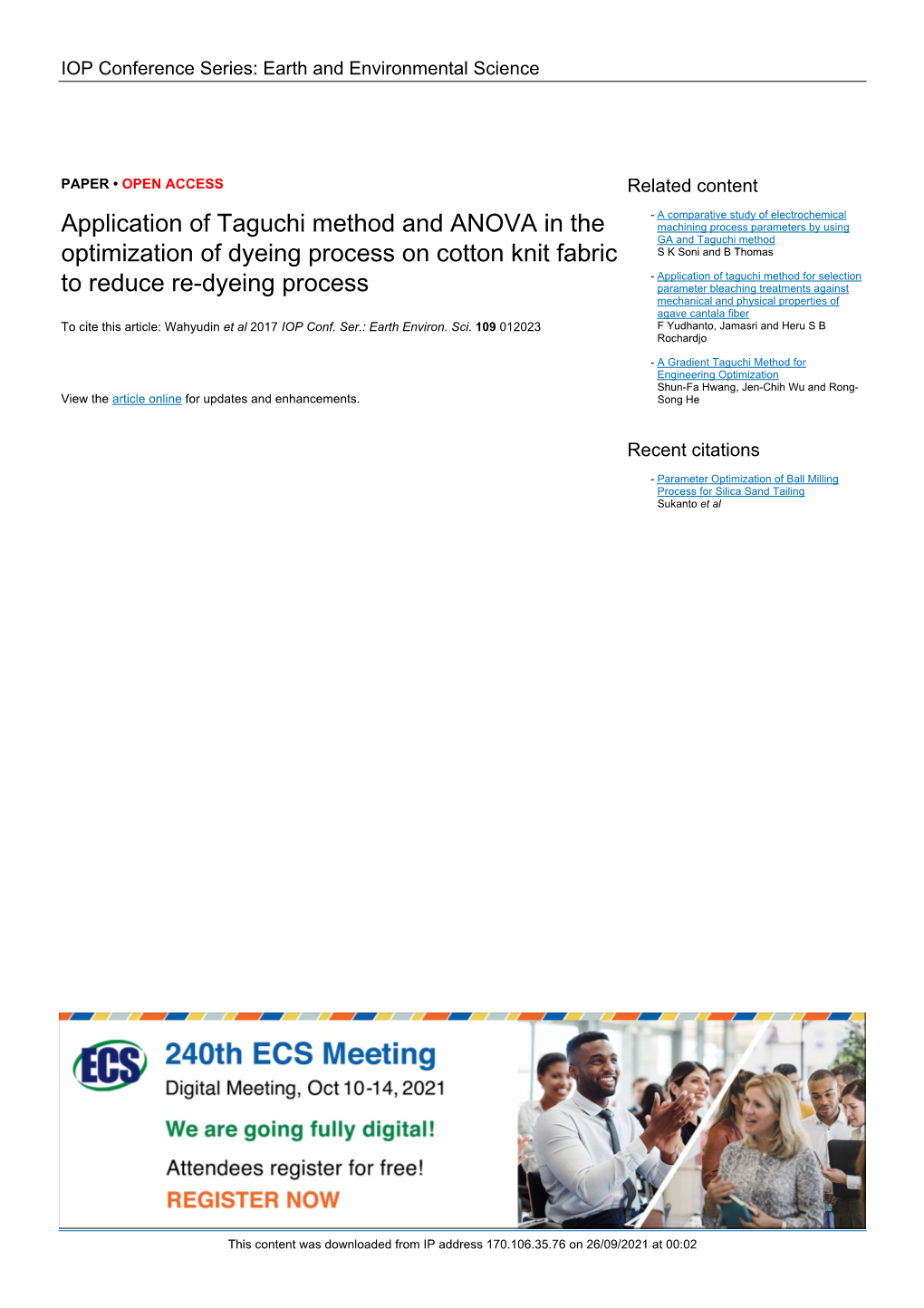 Application of Taguchi Method and ANOVA in the Optimization of Dyeing Process on Cotton Knit Fabric to Reduce Re-Dyeing Process