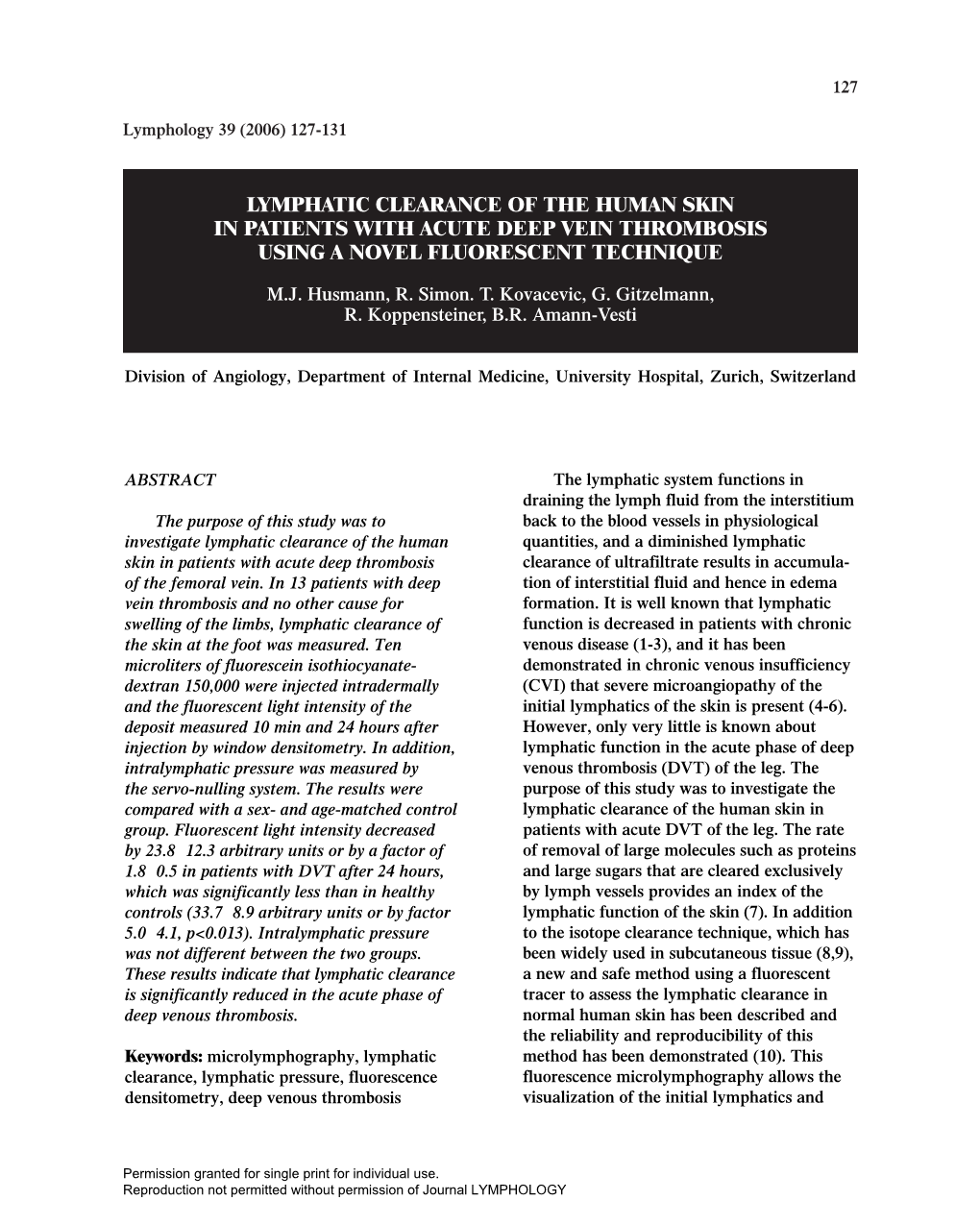 Lymphatic Clearance of the Human Skin in Patients with Acute Deep Vein Thrombosis Using a Novel Fluorescent Technique