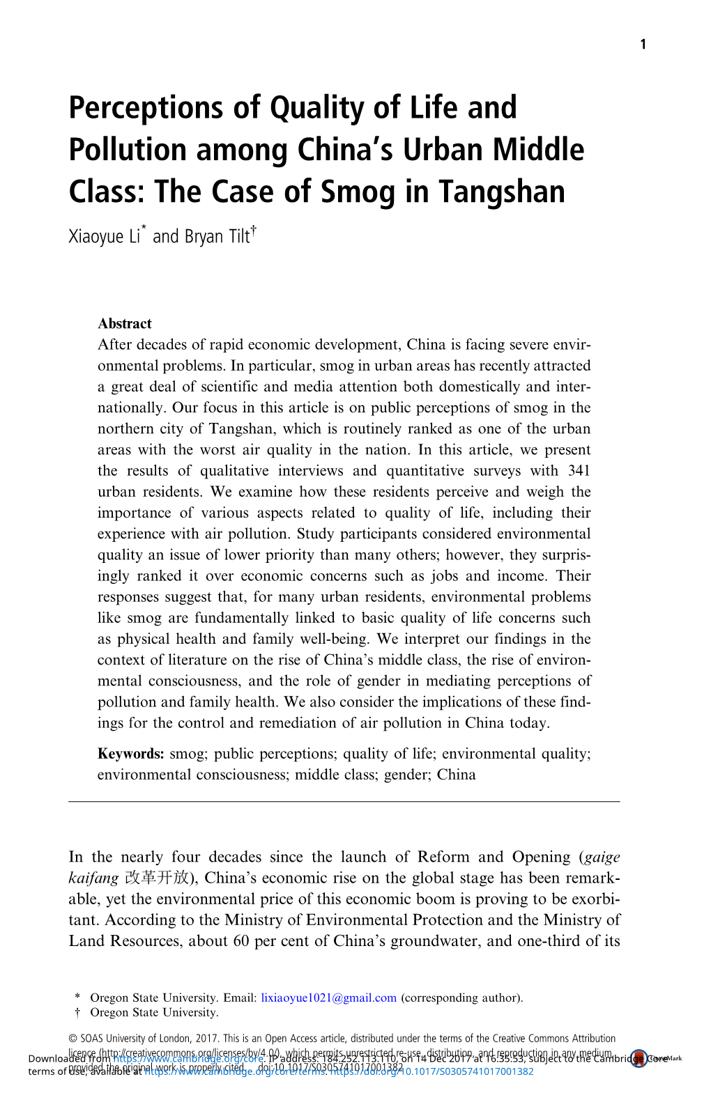 The Case of Smog in Tangshan Xiaoyue Li* and Bryan Tilt†