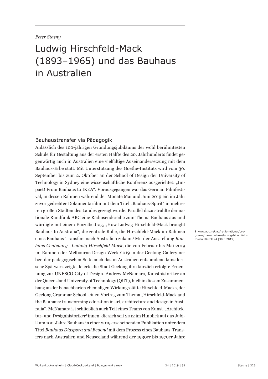 Ludwig Hirschfeld-Mack (1893–1965) Und Das Bauhaus in Australien