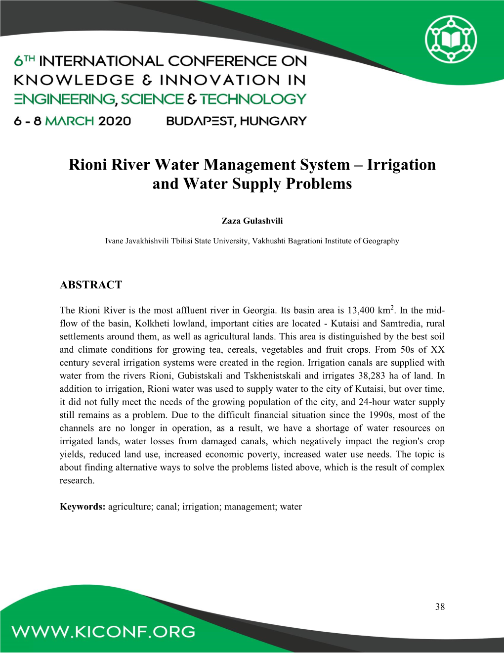 Rioni River Water Management System – Irrigation and Water Supply Problems