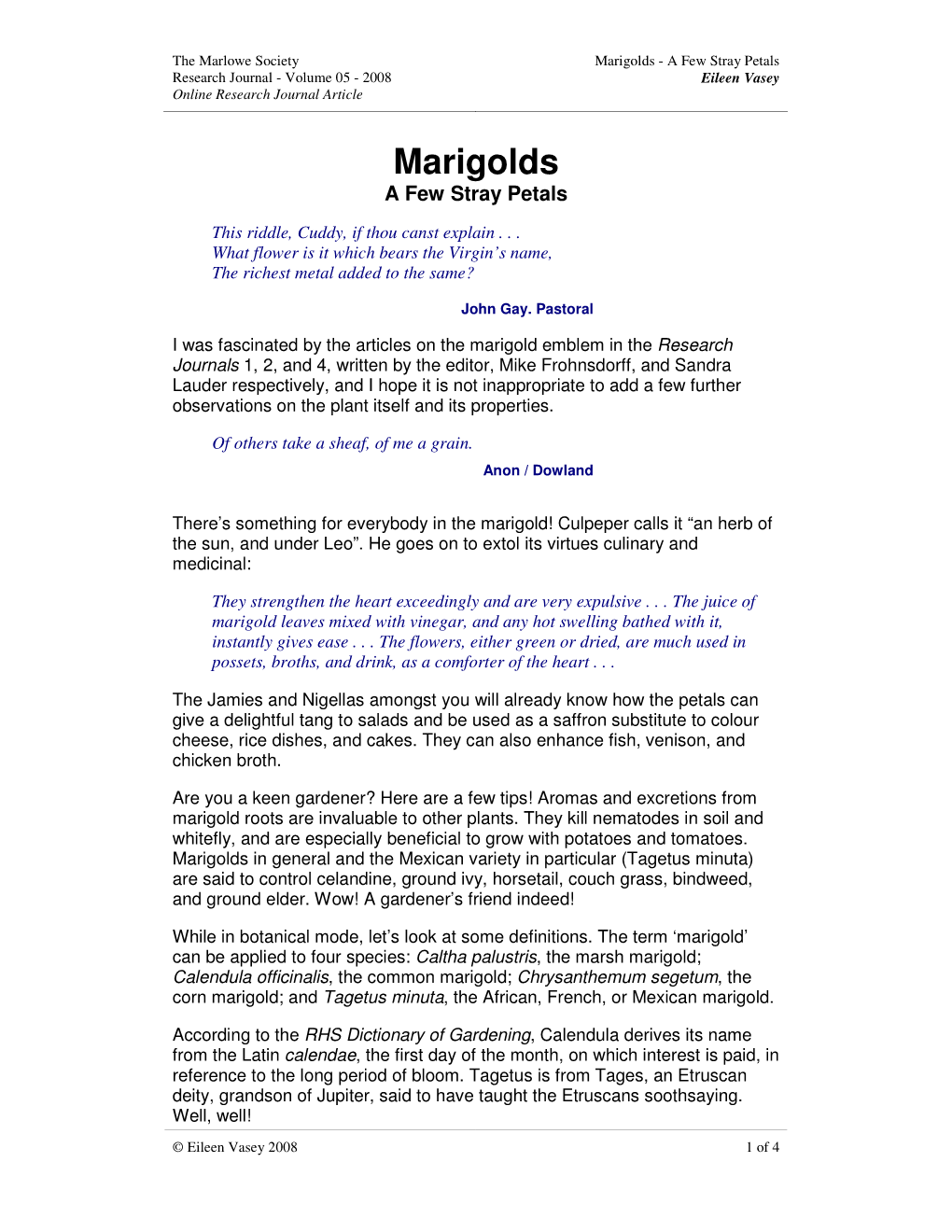 Marigolds - a Few Stray Petals Research Journal - Volume 05 - 2008 Eileen Vasey Online Research Journal Article