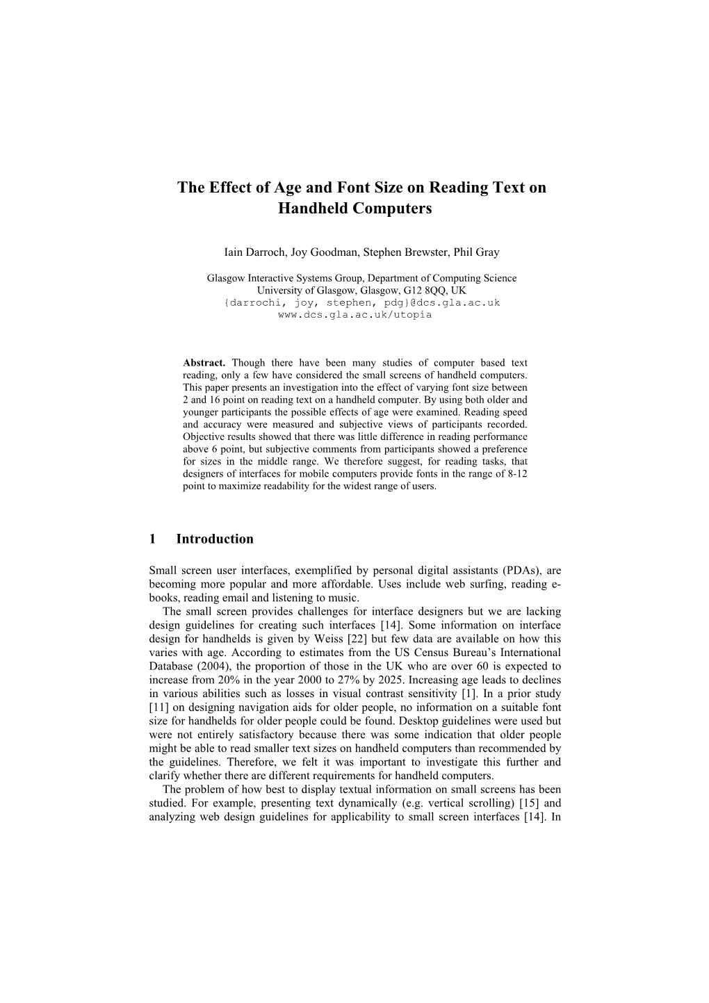 The Effect of Age and Font Size on Reading Text on Handheld Computers