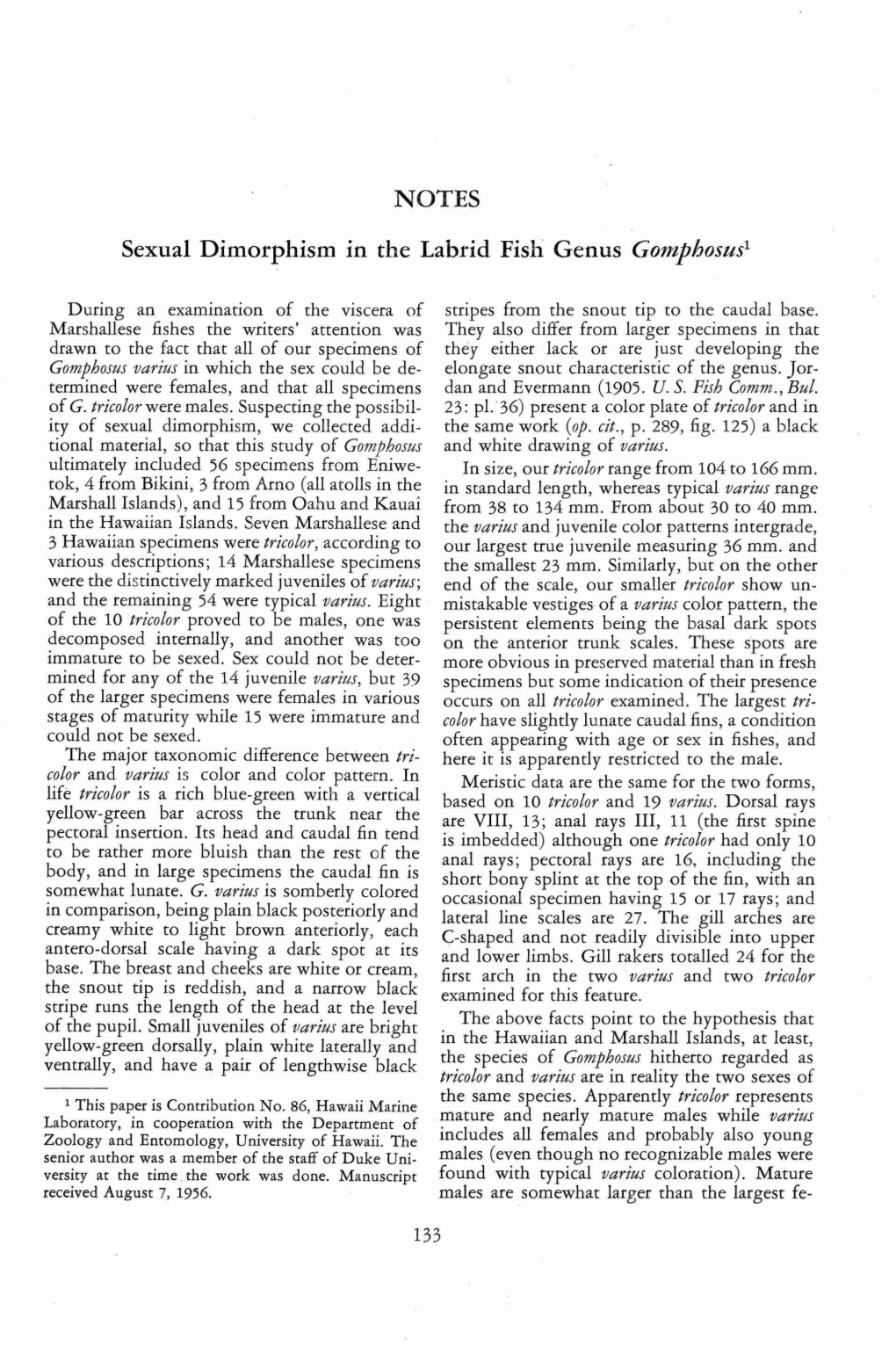 NOTES Sexual Dimorphism M the Labrid Fish Genus G011'lphosusl