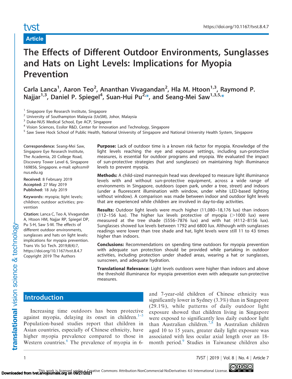 The Effects of Different Outdoor Environments, Sunglasses and Hats on Light Levels: Implications for Myopia Prevention