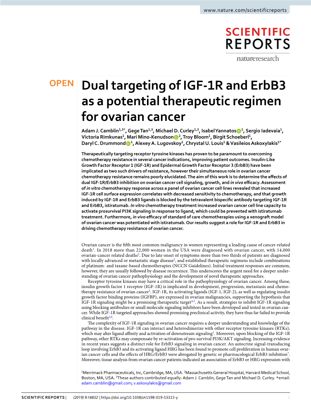 Dual Targeting of IGF-1R and Erbb3 As a Potential Therapeutic Regimen for Ovarian Cancer Adam J