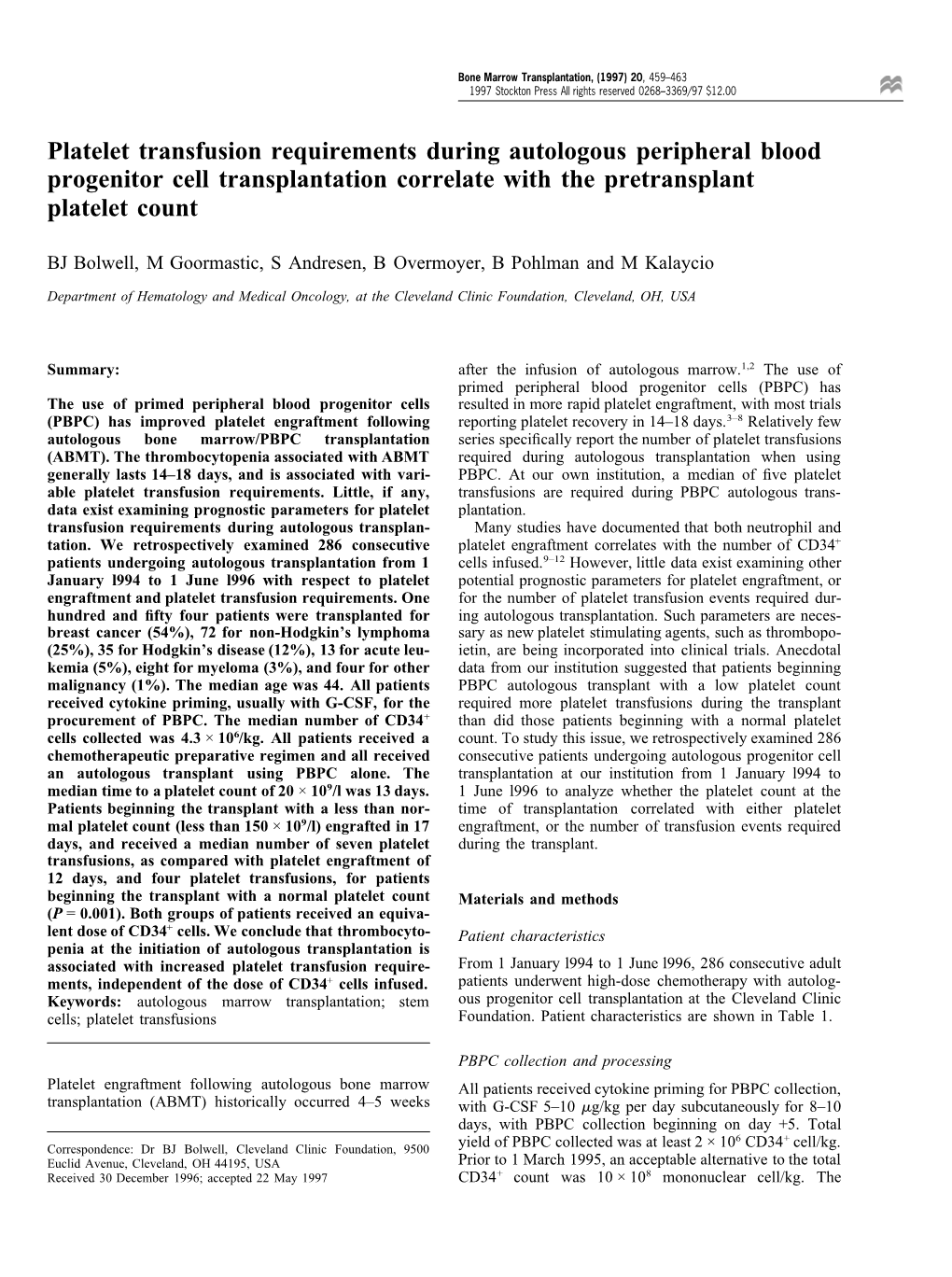 Platelet Transfusion Requirements During Autologous Peripheral Blood Progenitor Cell Transplantation Correlate with the Pretransplant Platelet Count