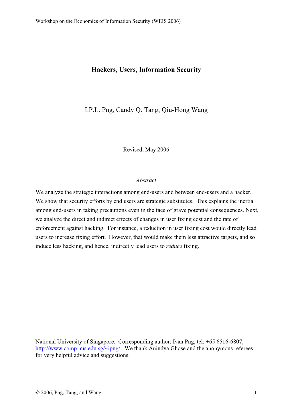 Hackers, Users, Information Security I.P.L. Png, Candy Q. Tang, Qiu