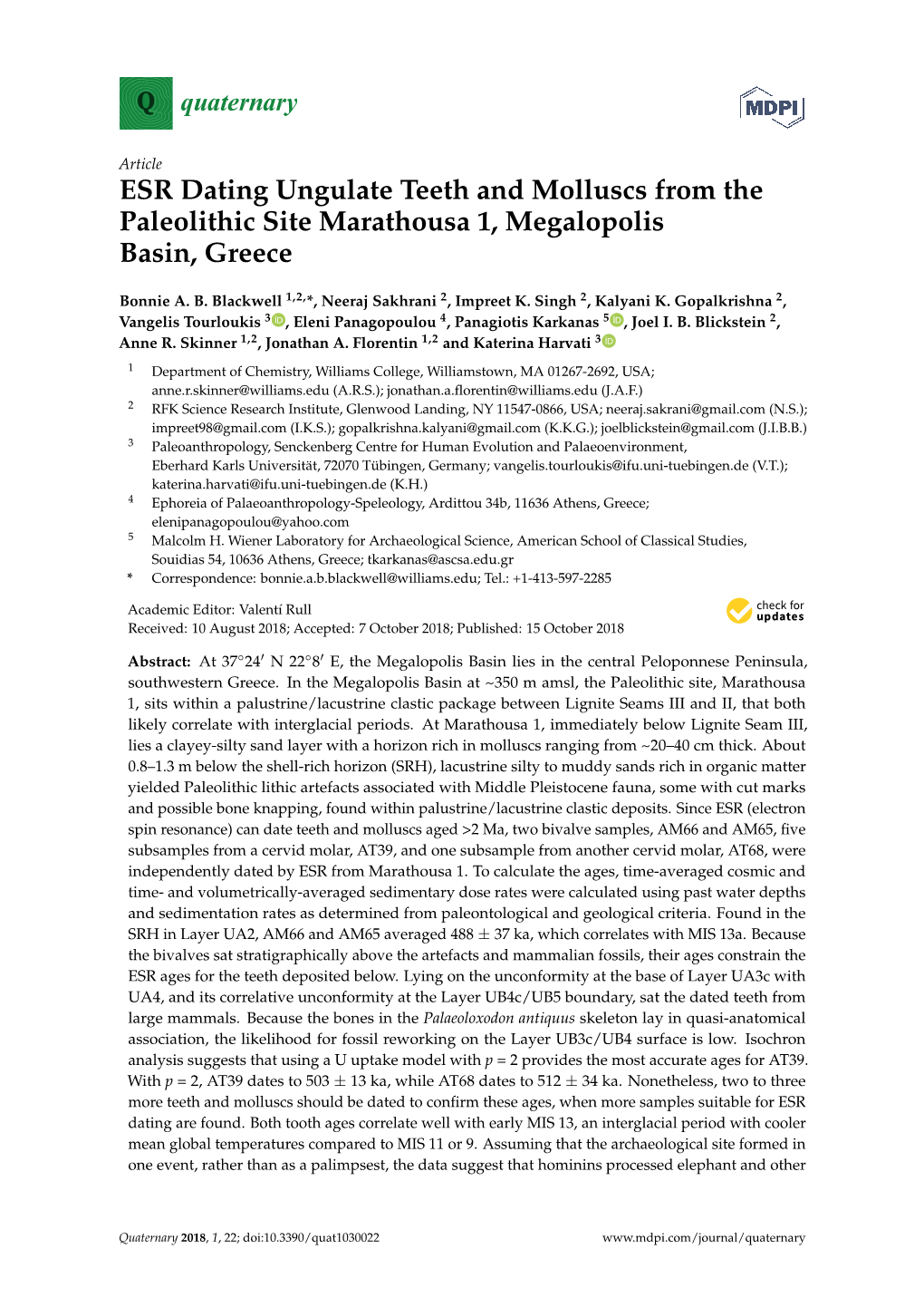 ESR Dating Ungulate Teeth and Molluscs from the Paleolithic Site Marathousa 1, Megalopolis Basin, Greece