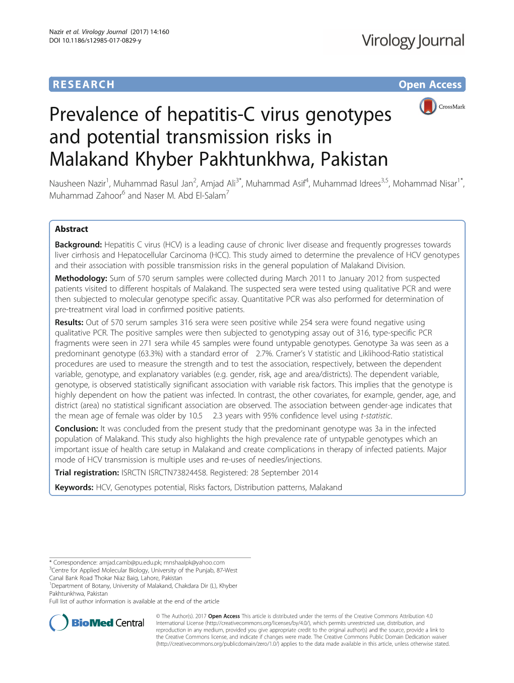 Prevalence of Hepatitis-C Virus Genotypes and Potential Transmission Risks in Malakand Khyber Pakhtunkhwa, Pakistan