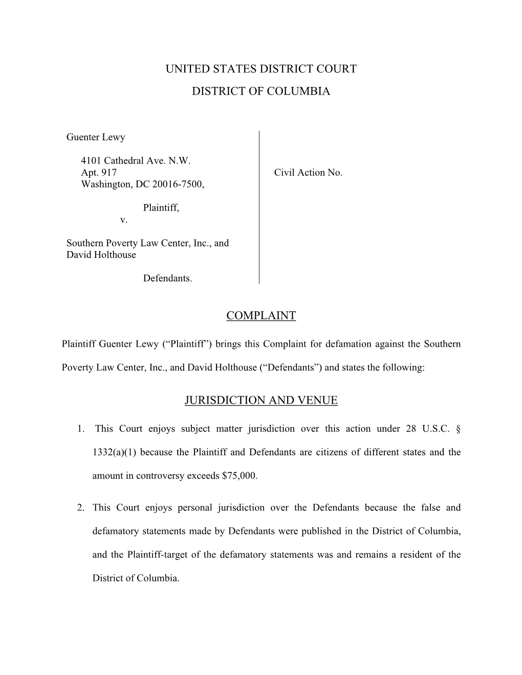 United States District Court District of Columbia Complaint Jurisdiction and Venue