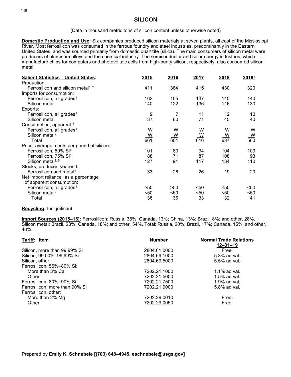 USGS – Silicon Data Sheet – Mineral Commodities Summaries 2020