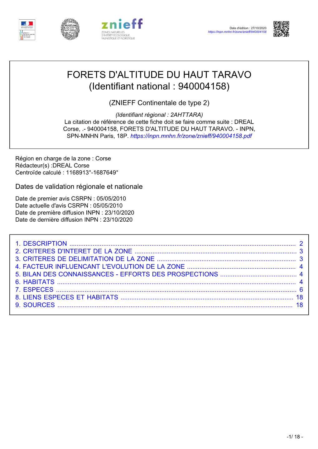 FORETS D'altitude DU HAUT TARAVO (Identifiant National : 940004158)