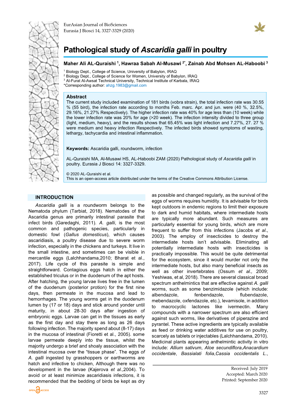 Pathological Study of Ascaridia Galli in Poultry