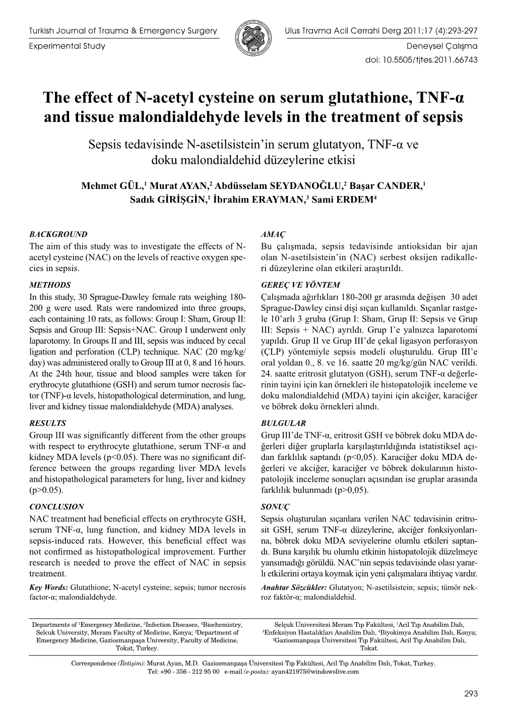 The Effect of N-Acetyl Cysteine on Serum Glutathione, TNF-Α And