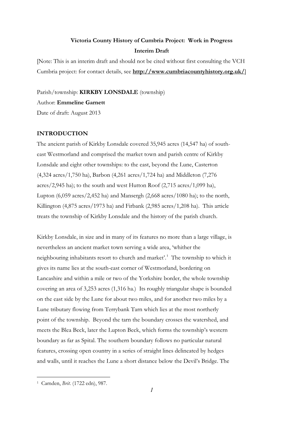 Interim Draft History of Kirkby Lonsdale