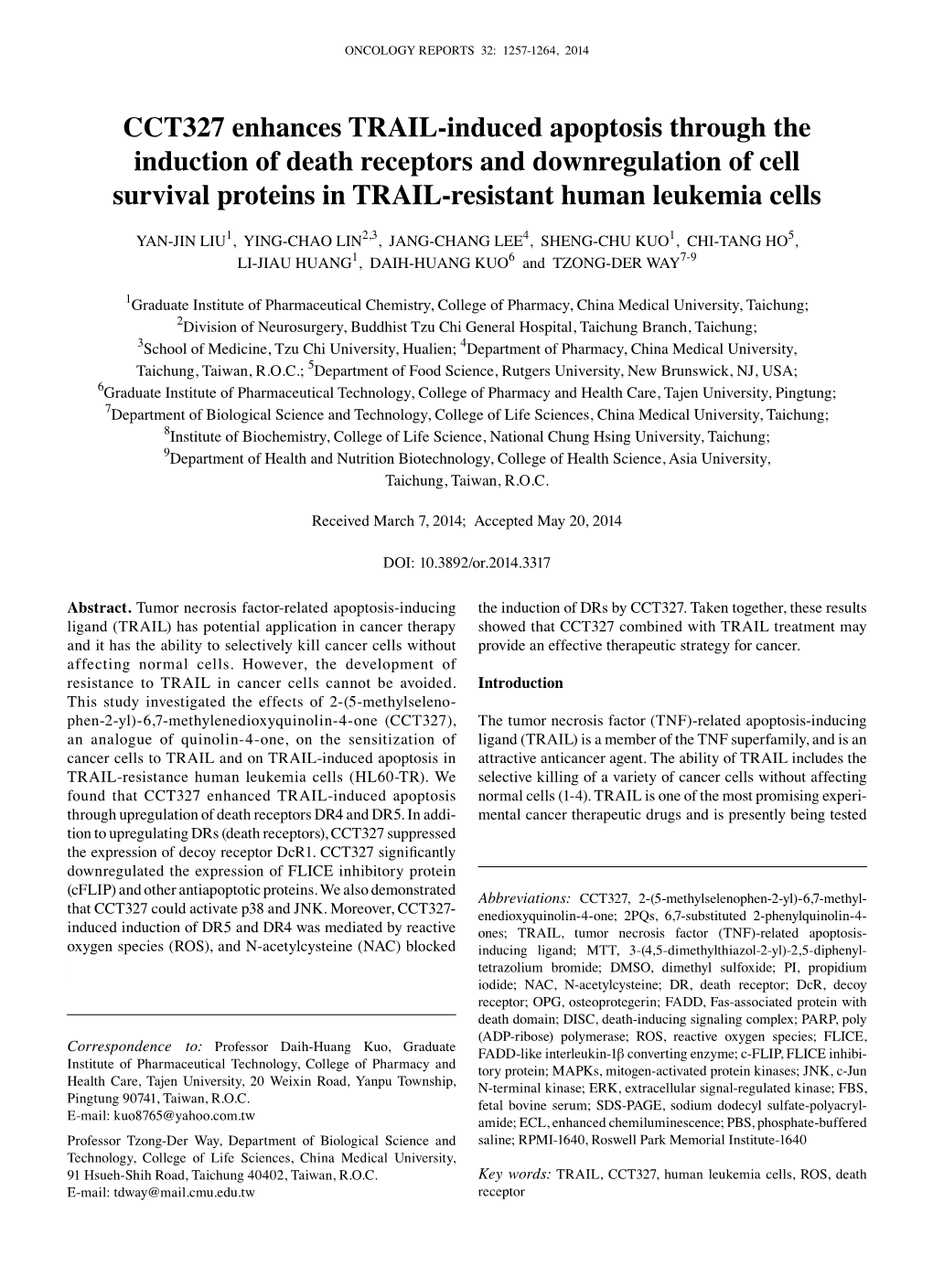 CCT327 Enhances TRAIL-Induced Apoptosis Through the Induction of Death Receptors and Downregulation of Cell Survival Proteins in TRAIL-Resistant Human Leukemia Cells