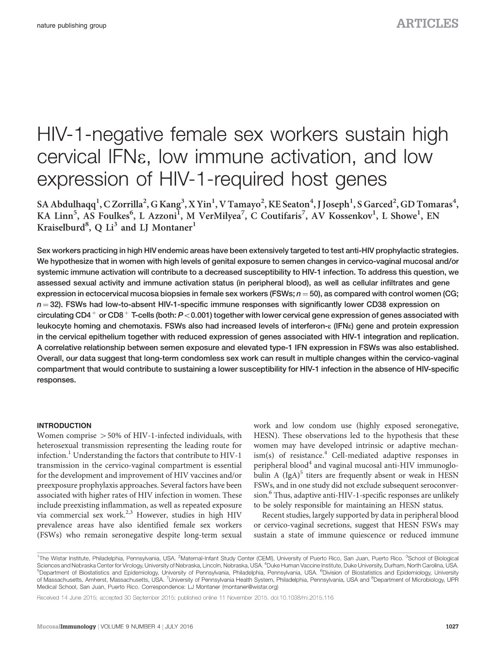 HIV-1-Negative Female Sex Workers Sustain High Cervical IFN&Epsiv