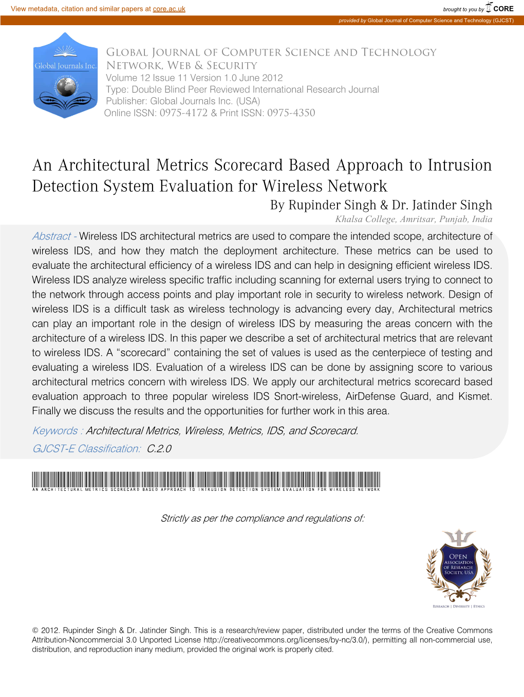 An Architectural Metrics Scorecard Based Approach to Intrusion Detection System Evaluation for Wireless Network by Rupinder Singh & Dr