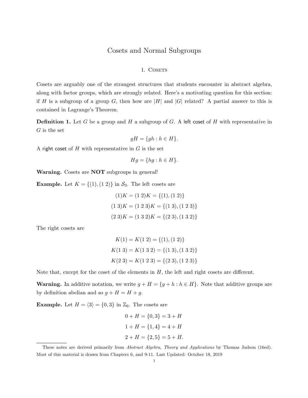 Cosets and Normal Subgroups